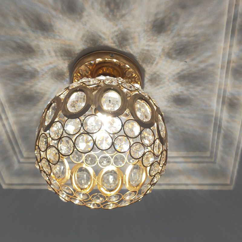 Gold Dome Shade Flush Ceiling Light Contemporary 1 Bulb Crystal Flush Light for Corridor