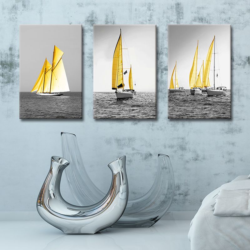 Tropix Ocean Sailing Ships Canvas Gold and Grey Textured Wall Art Decor for Home