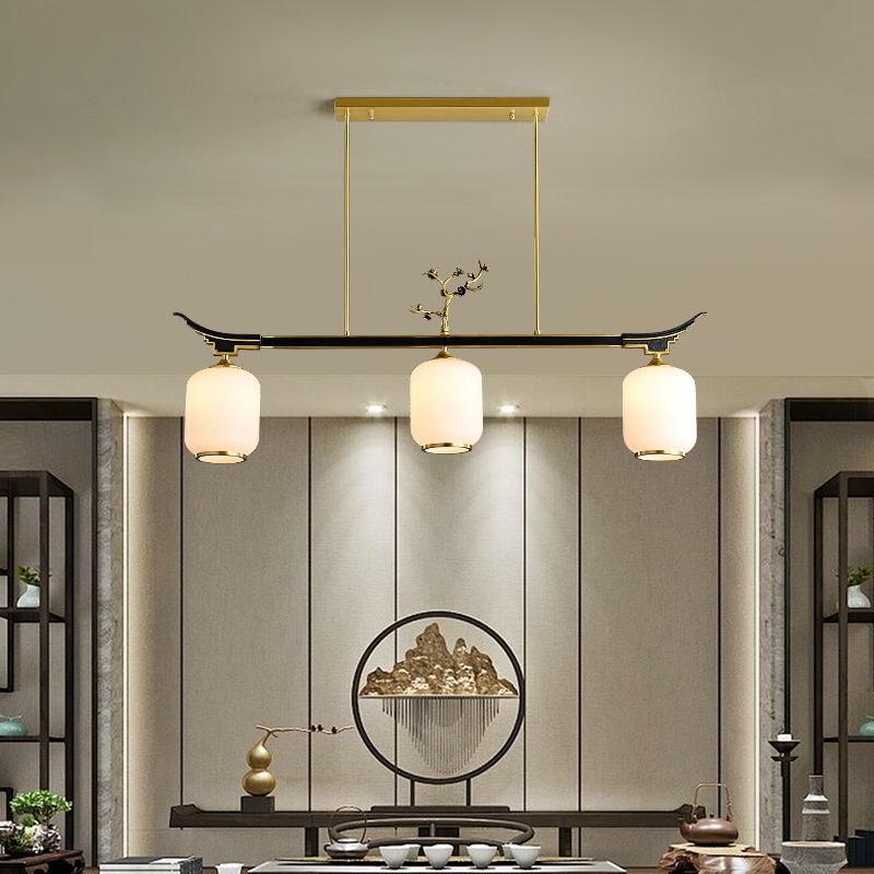 Modern Style Cylindrical Shape Island Lights White Glass 3-light Pendant Lights in Gold