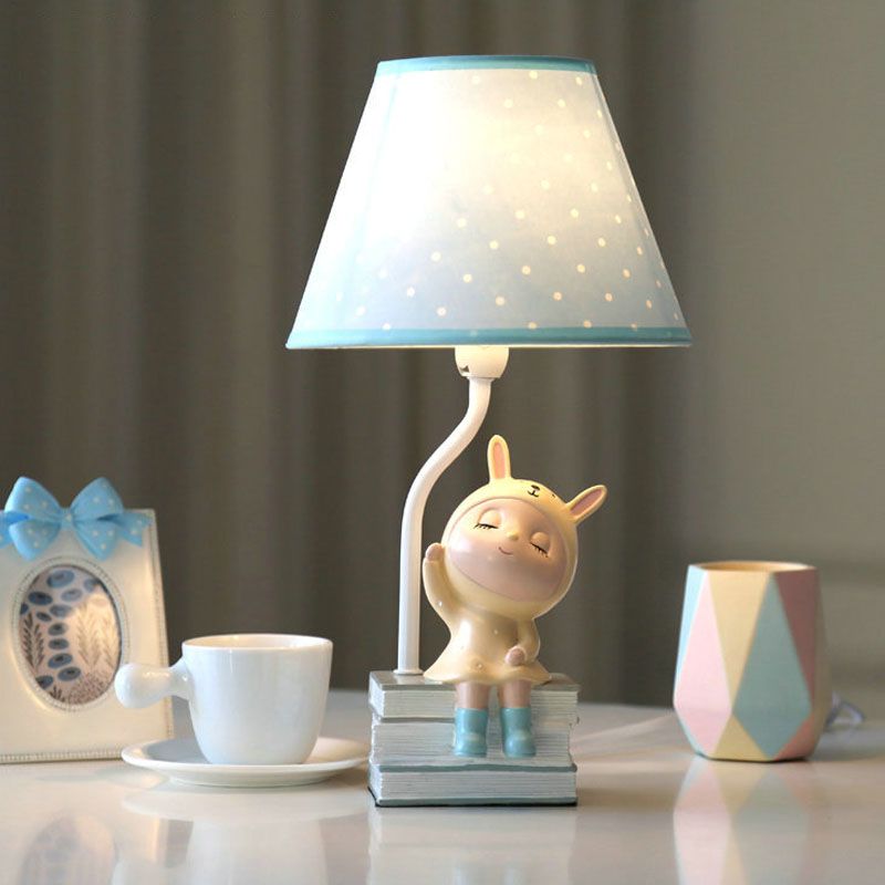 Spot Cone Shade Fabric Table Lamp Kids 1-Light White/Red Night Stand Light with Piggy/Rabbit Base