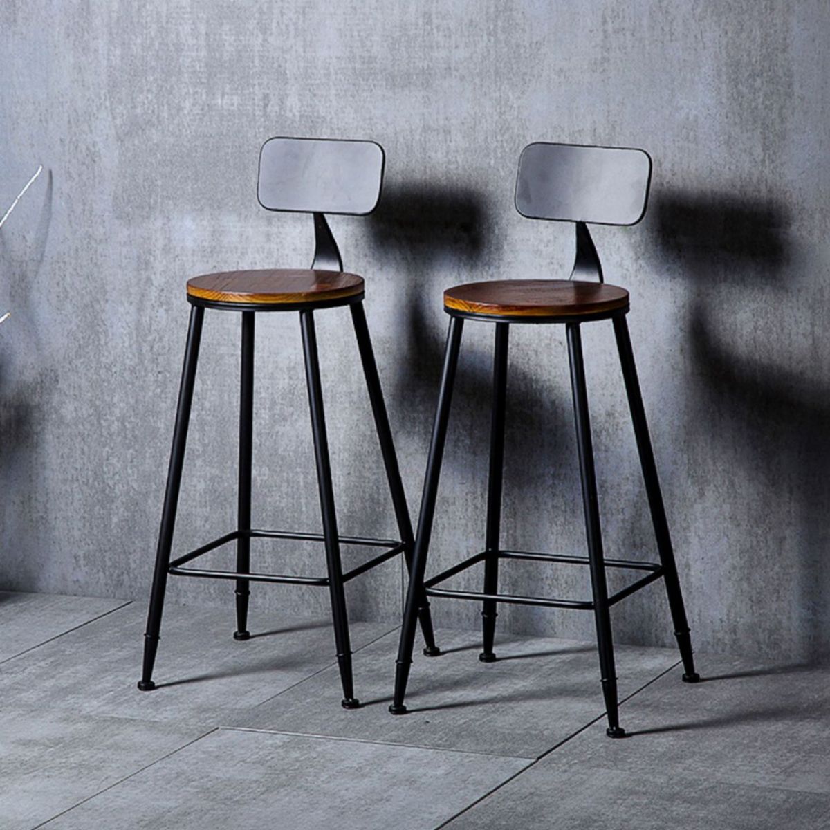 Indoor Industrial Style Wood Top Barstool Metal 4 Legs Bar Stool with Pedal