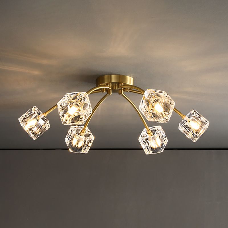 Brass Starburst Ceiling Mount Light Postmodern Crystal Cube 6/10 Heads Living Room Semi Flush Mounted Lamp