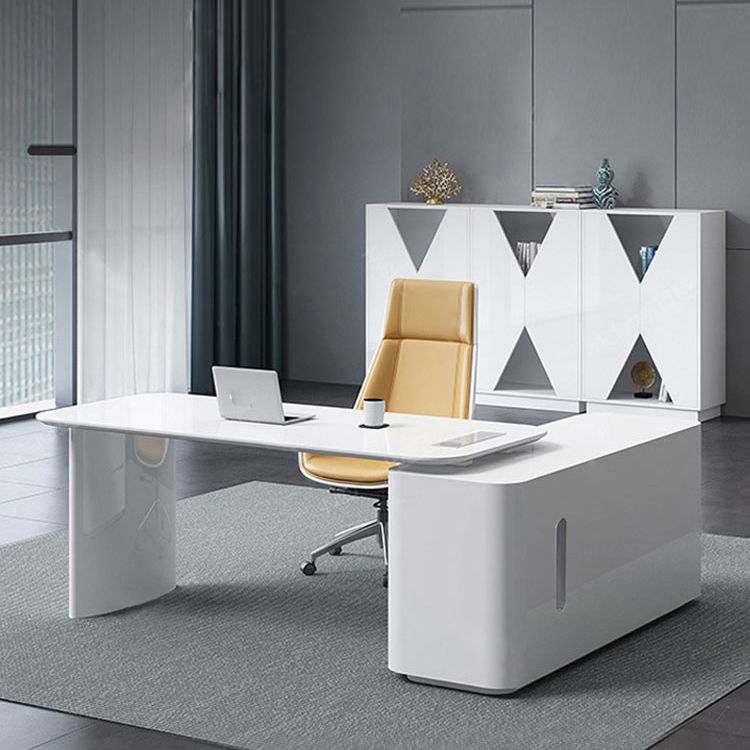 Contemporary White Executive Desk Cabinet L-Shape Office Desk Pedestal