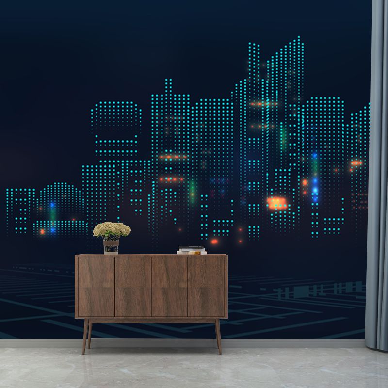 Modern 3D City View Mural Wallpaper Non Woven Moisture Resistant Black Wall Art for Living Room
