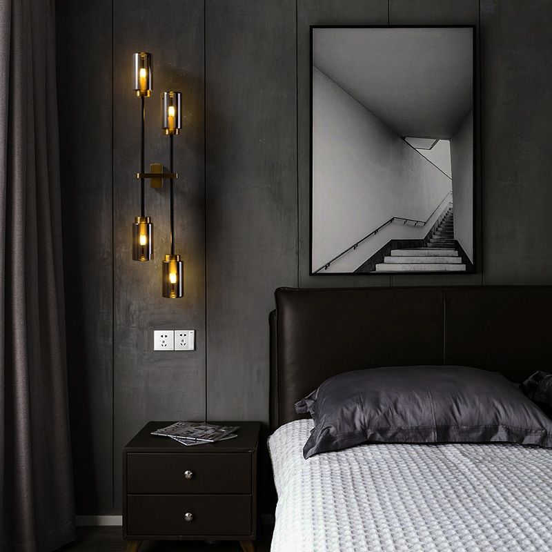 Glass Black and Gold Wall Sconce in Modern Luxury Style Copper Cylindrical Wall Lamp for Bedroom