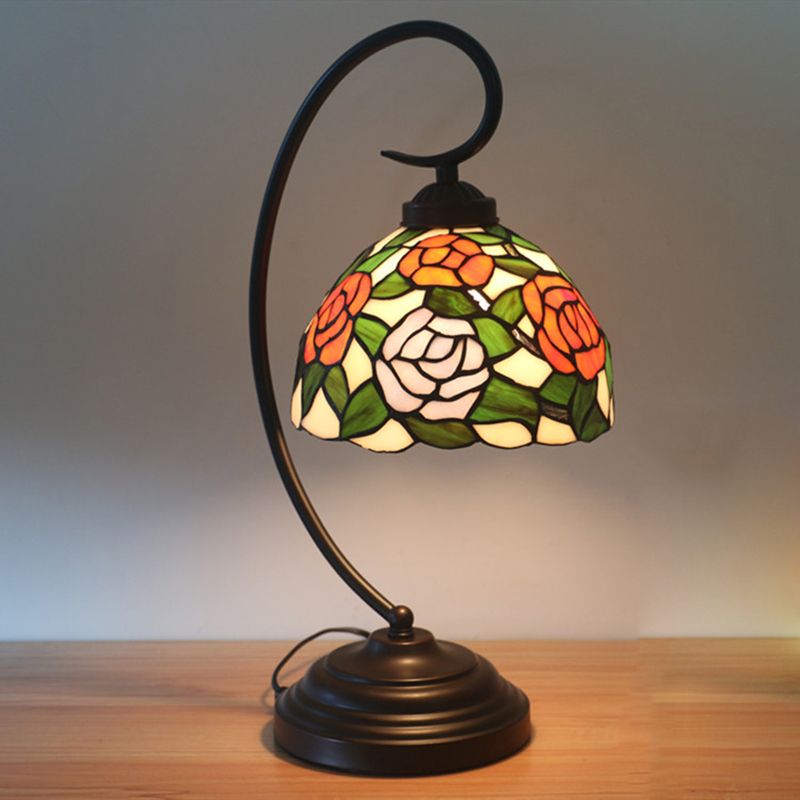 Pink/Orange 1-Head Desk Light Tiffany Hand Cut Glass Bowl Shape Night Table Lamp with Blossom Pattern for Bedroom