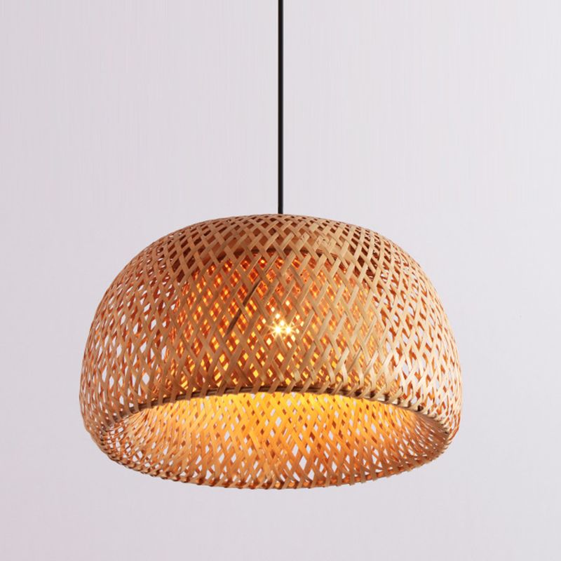 12“/15”/18“ Wide Domed Shaped Pendant Lighting Fixture Bamboo 1 Light Living Room Hanging Lamp Kit in Beige