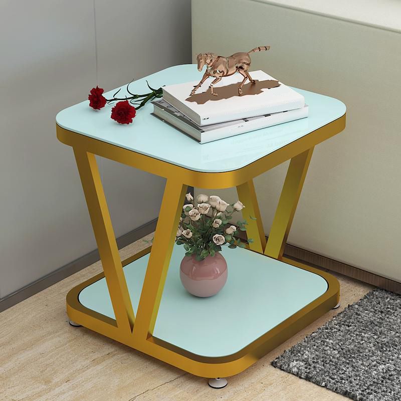Modern Metal and Glass End Table Square Trestle End Table for Living Room