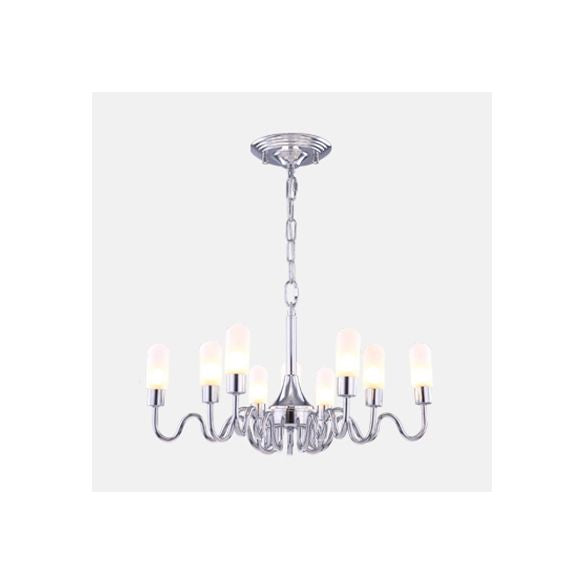 Silver Cylinder Chandelier Lighting Modern Multi Lights Milk Glass Led Hanging Ceiling Lamp with Curved Arm and Chain