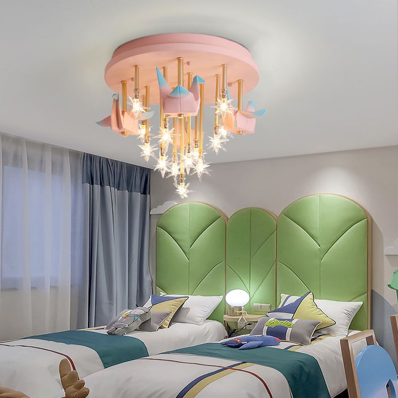 Resin Horse/Bird/Crane Ceiling Light Fixture Kids 13/16 Lights Blue/Pink Flush Mount Lighting with Clear Glass Shade