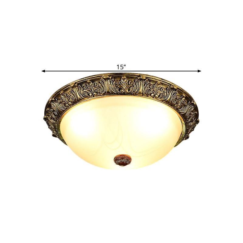 Plafonnier en forme de dôme de style rustique, 11 / 15 / 19 po, éclairage encastré à 2/3 têtes en verre opalin, blanc/laiton