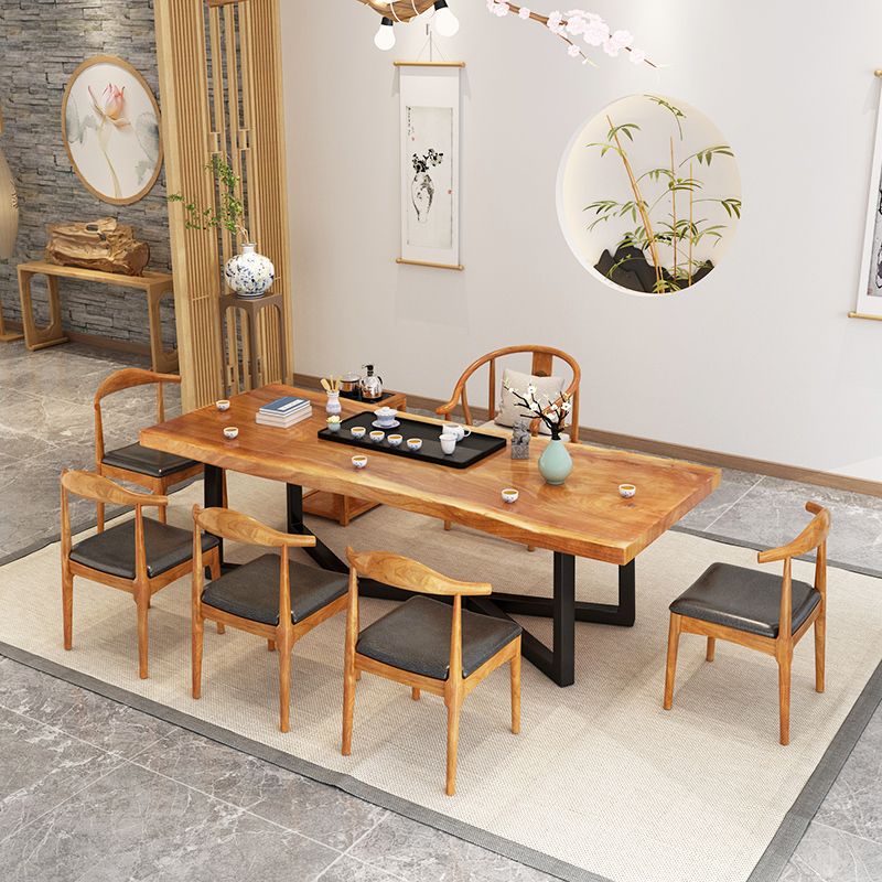 Industrial Rectangle Dining Table Pine Solid Wood Table with Black Trestle Base for Dining Room