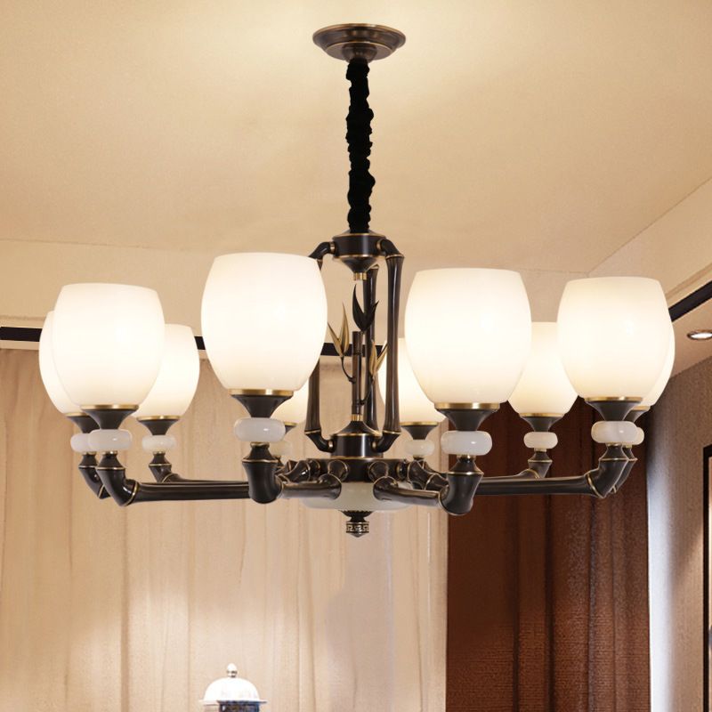 Zwarte bel hangverlichting vintage crème glas 6 koppen eetkamer hangende kroonluchter