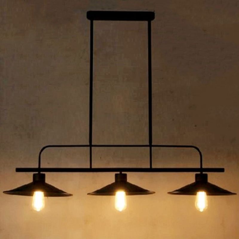 3-Lights Wrought Iron Island Light Industrial Style Metal Saucer Shade Lighting Pendant in Black