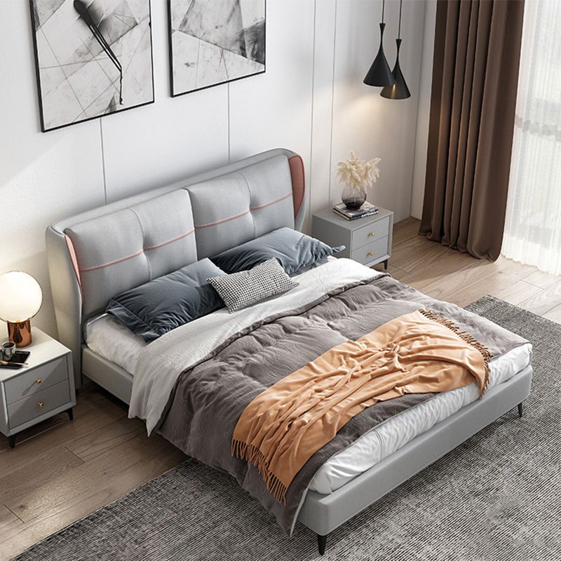 Modern Grey Wingback Bed with Tufted Rectangle Headboard and Metal Legs