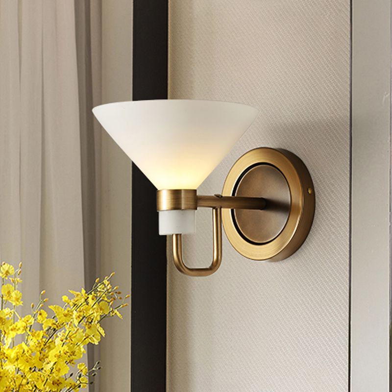 Traditional Conical Wall Mount Lighting Opal Glass 1 Head Wall Mounted Lamp in Brass