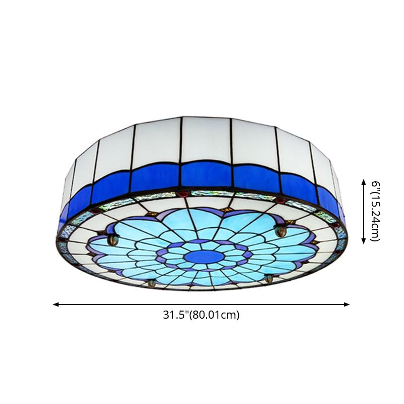 Drum Ceiling Mount Light Mediterranean Stained Glass Flush Mount Fixture for Bedroom