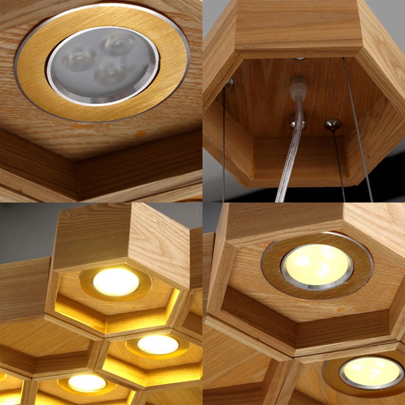 Honeycomb Chandelier Pendant Light Modern Wooden 6-Light Living Room Ceiling Light Fixture