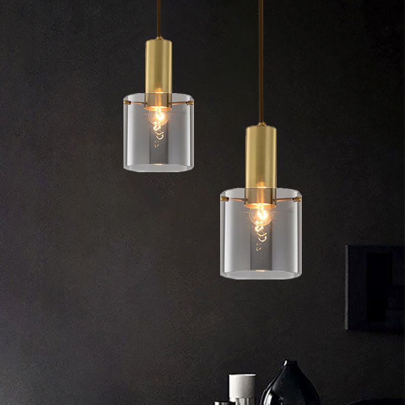 Cylinder Pendant Light Modern Clear Glass 1 Head Brass Hanging Ceiling Light for Dining Room