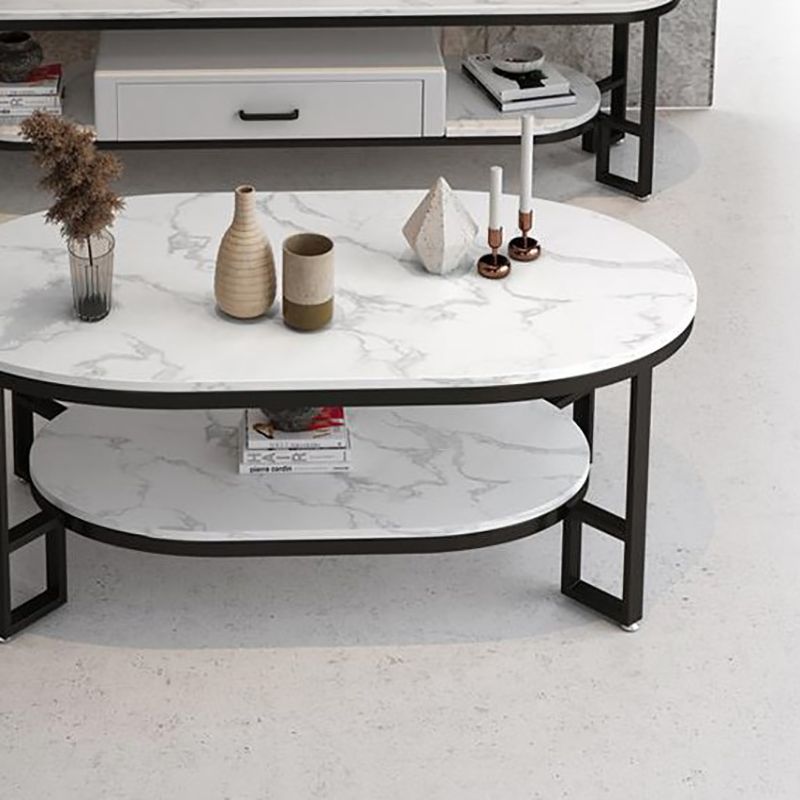 Rectangle Slate Coffee Table Abstract Coffee Cocktail Table with Shelf