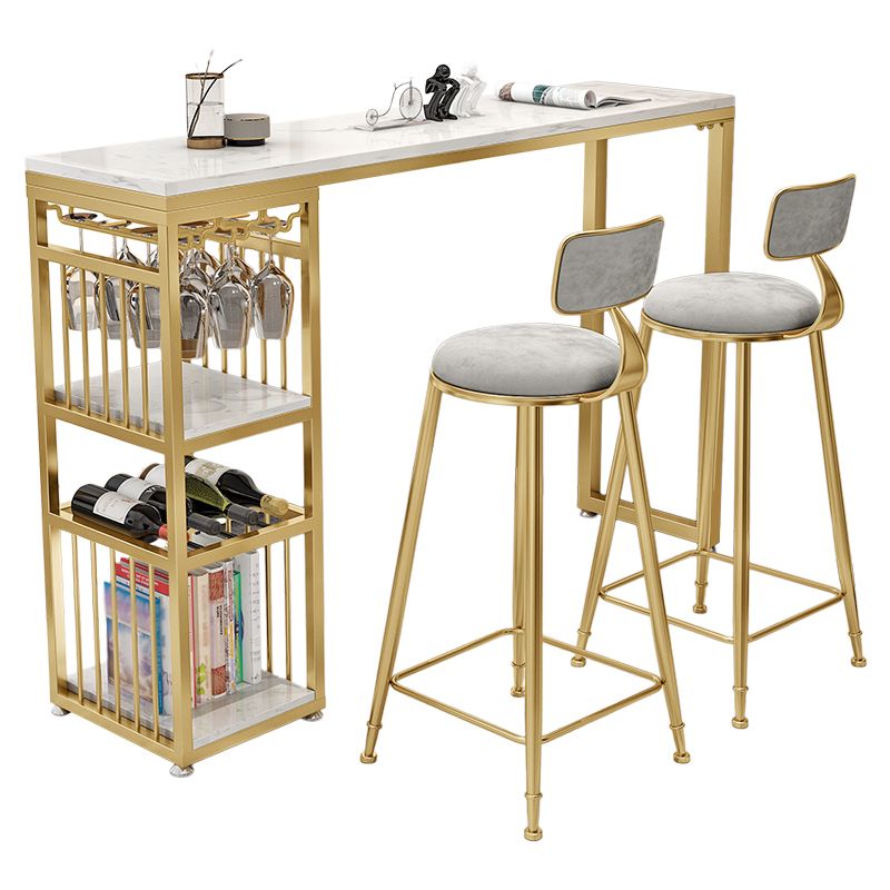 Glam White Marble Bar Dining Table Iron Double Pedestal Bistro Table with Shelve