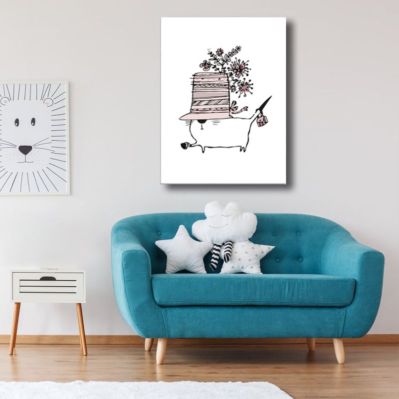 Cartoon Animal Canvas Wall Art Textured Kids Style Girls Room Wall Decor in Soft Color