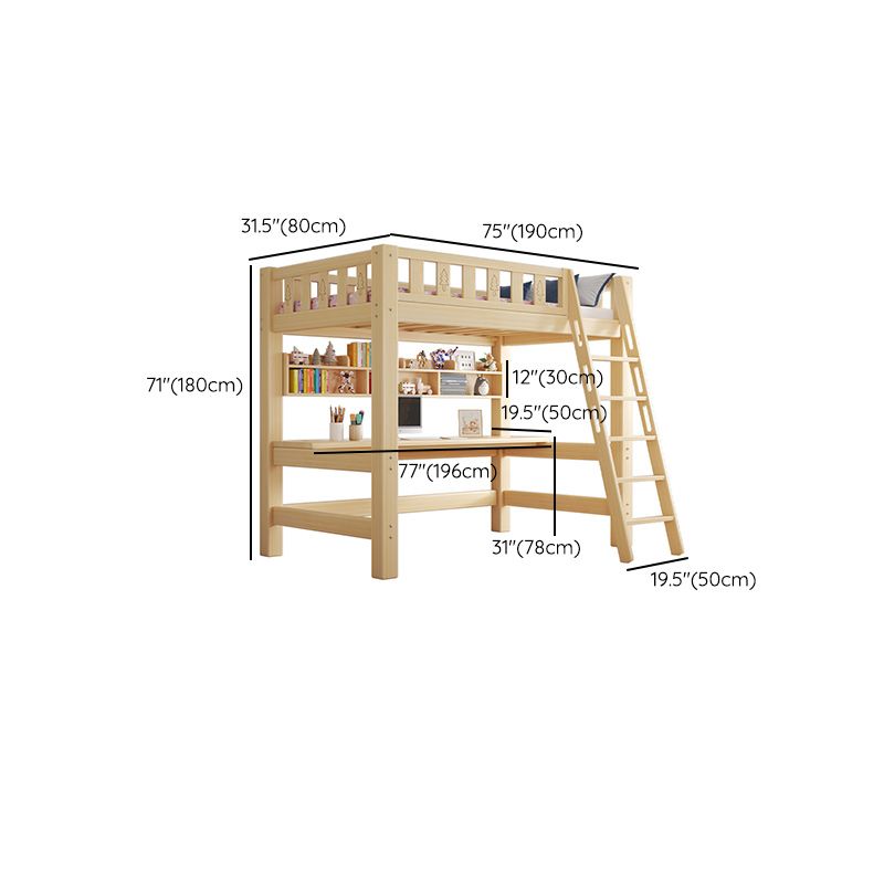 Contemporary Loft Bed Natural Solid Wood Kids Bed with Guardrail