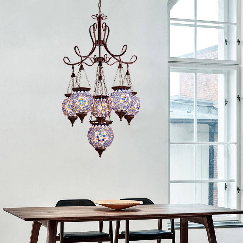 Hand Cut Glass Copper Chandelier Global 6-Light Turkish Pendant Ceiling Light for Dining Room