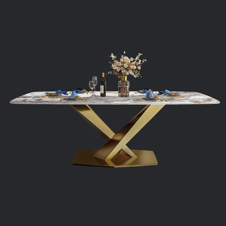 Table à manger de luxe traditionnelle Table de guéridon en pierre frittée rectangulaire avec cadre doré