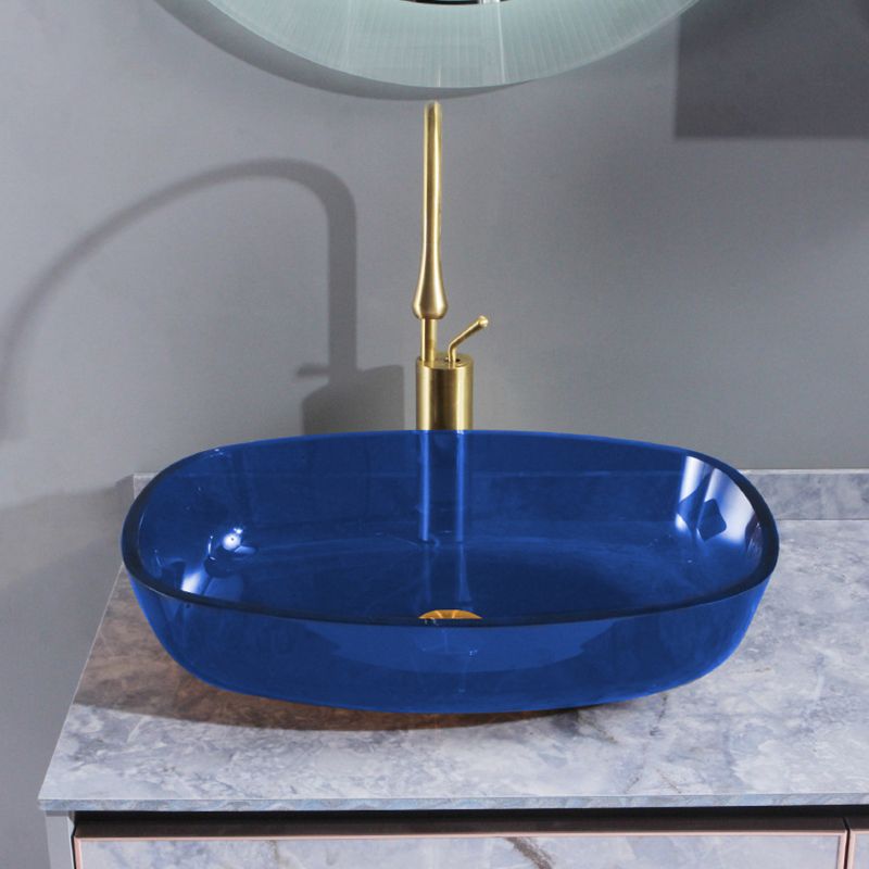 Contemporary Bathroom Sink Glass Oval-Shape Vessel Bathroom Sink with Pop-Up Drain
