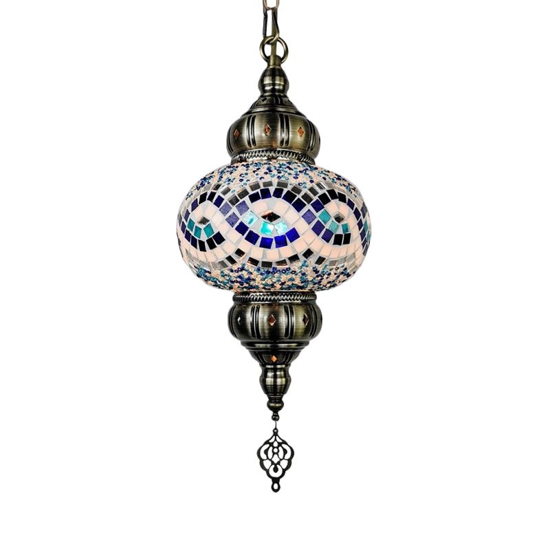 1 Head Cut Glass Ceiling Pendant Light Traditional Beige/Yellow/Blue Oval Dining Room Hanging Light Fixture