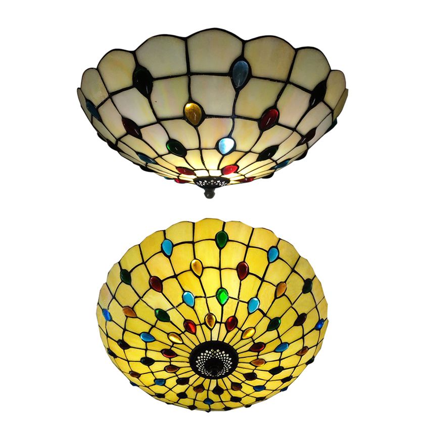 12/16/19.5-Inch Wide Bowl Ceiling Light Retro Style Stained Glass 1/2/3 Light Jewel Flushmount Ceiling Light in Beige/White/Yellow