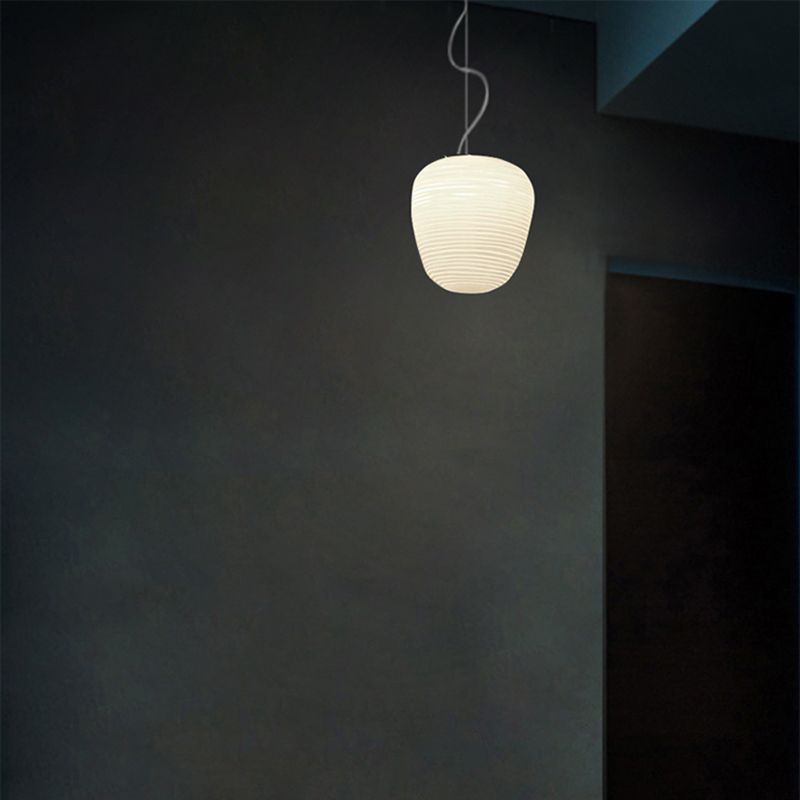 Cocoon Shaped Restaurant Pendant Lighting White Rib Glass 1-Bulb Simple Hanging Light