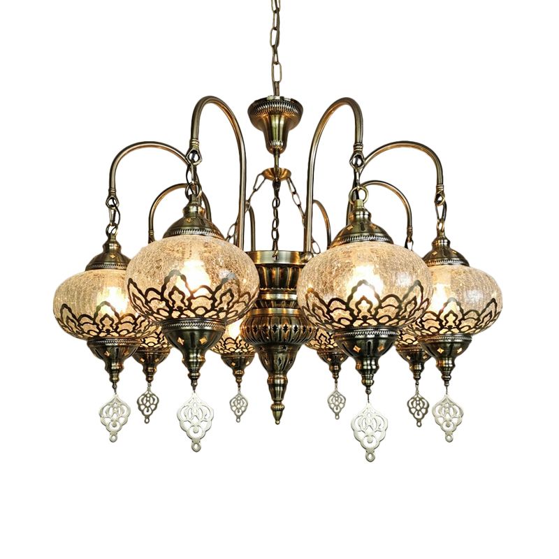 Lantern Living Room Suspension Lamp Bohemia Clear Crackle Glass 8 Lights Bronze Chandelier Light with Swooping Arm