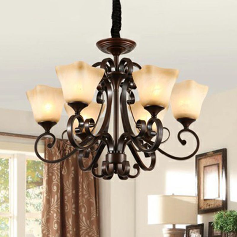 Traditional Bell Ceiling Lighting Opal Glass Chandelier Light Fixture with Scroll Arm in Copper