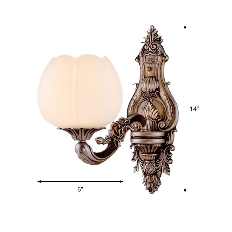 Frosted Glass Bloom Wall Lighting Vintage 1/2-Head Living Room Wall Light Sconce with Curved Arm in Coffee
