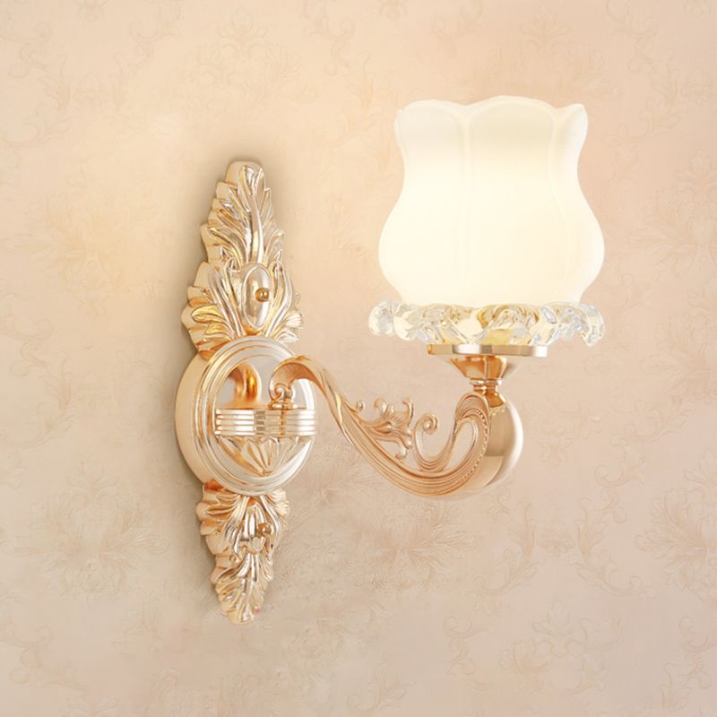 Gold Shaded Wall Lighting Simplicity Opal Glass Corridor Wall Light Fixture with Curved Arm