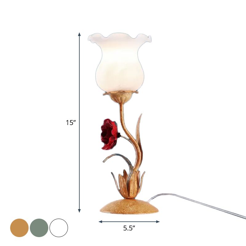 Beige/White/Green Flower Nightstand Lamp American Garden Frosted Milky Glass 1-Head Living Room Table Light