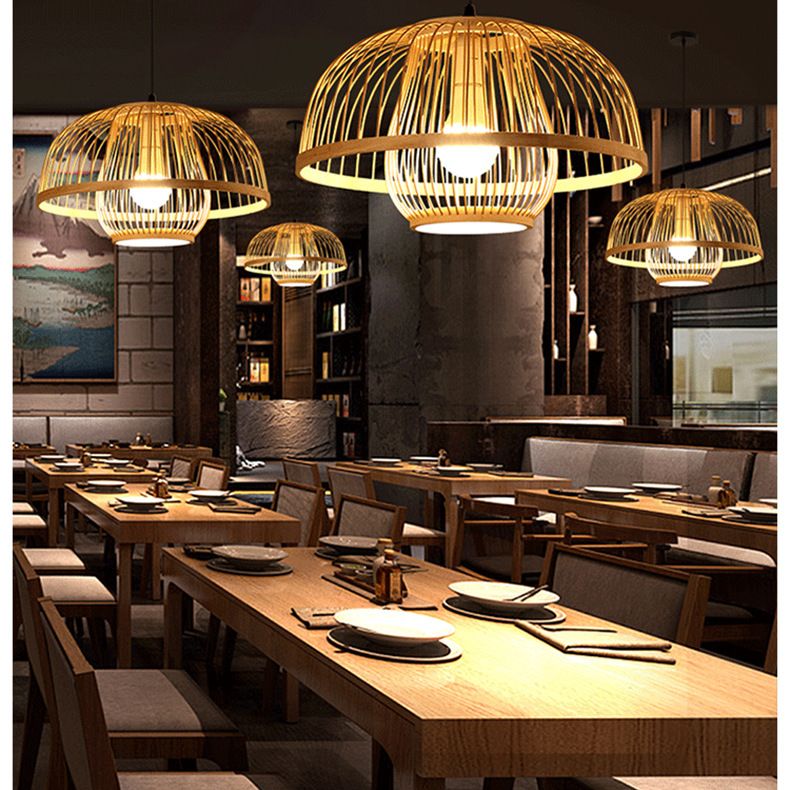 1 Light Bowl Hanging Light Fixtures Chinese Bamboo Ceiling Light for Restaurant