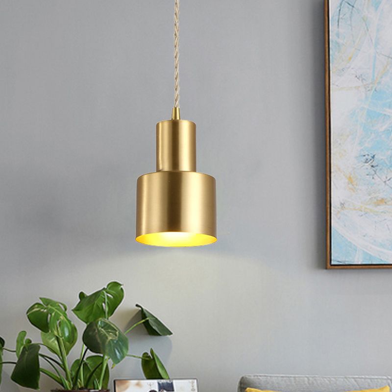 Colonial Cylinder Pendant Light Fixture 1 Bulb Iron Ceiling Suspension Lamp in Gold for Bedroom