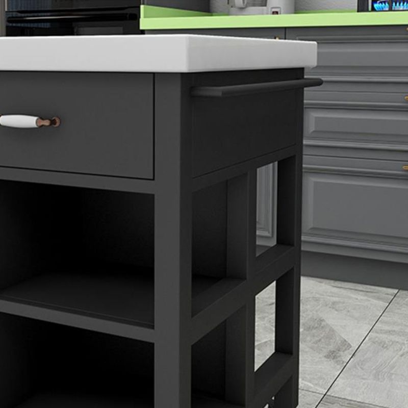 Faux Marble Rectangular Kitchen Island Cart with Black Metal Base
