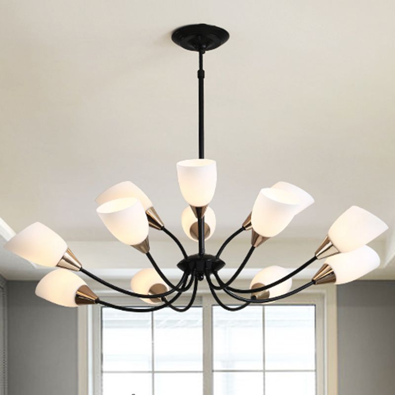 12 Lights Ceiling Light Traditional Oval Frosted Glass Hanging Chandelier in Black for Living Room