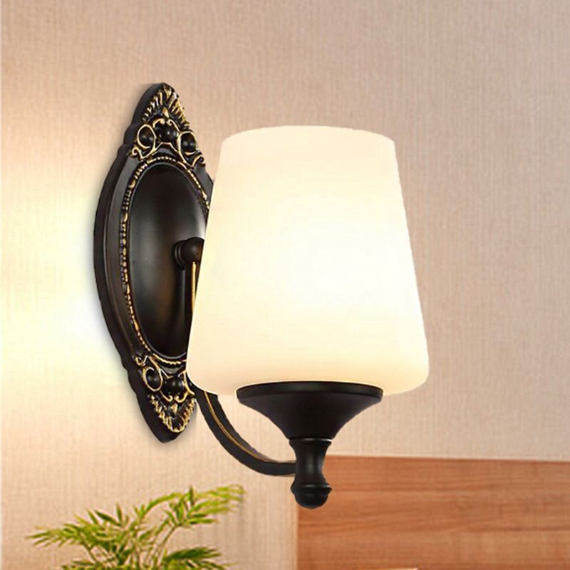 Retro Conical Sconce Light Fixture 1/2-Light White Glass Wall Mounted Light with Metal Curved Arm in Black