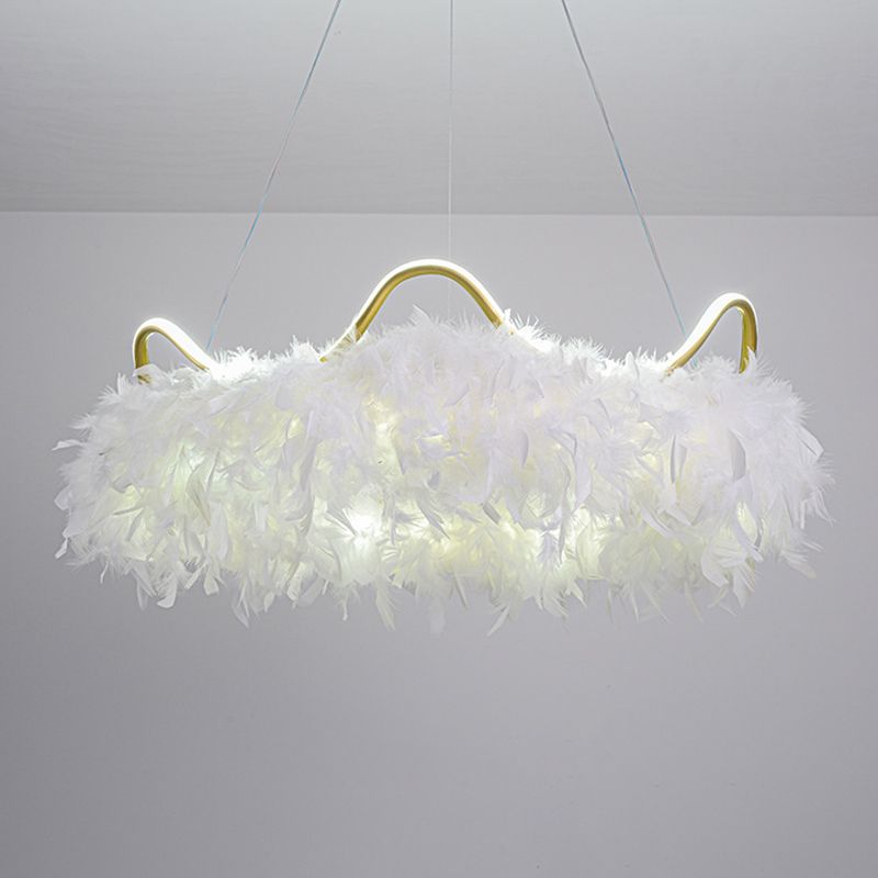Crown Shaped LED Chandelier Minimalist Feather White Hanging Light for Kids Bedroom