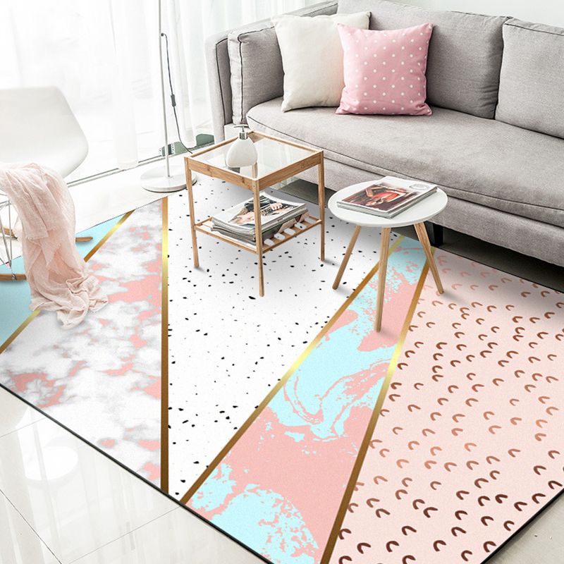 Decorative Geometric Pattern Rug with Spots Pink Nordic Rug Polyester Washable Non-Slip Carpet for Sitting Room