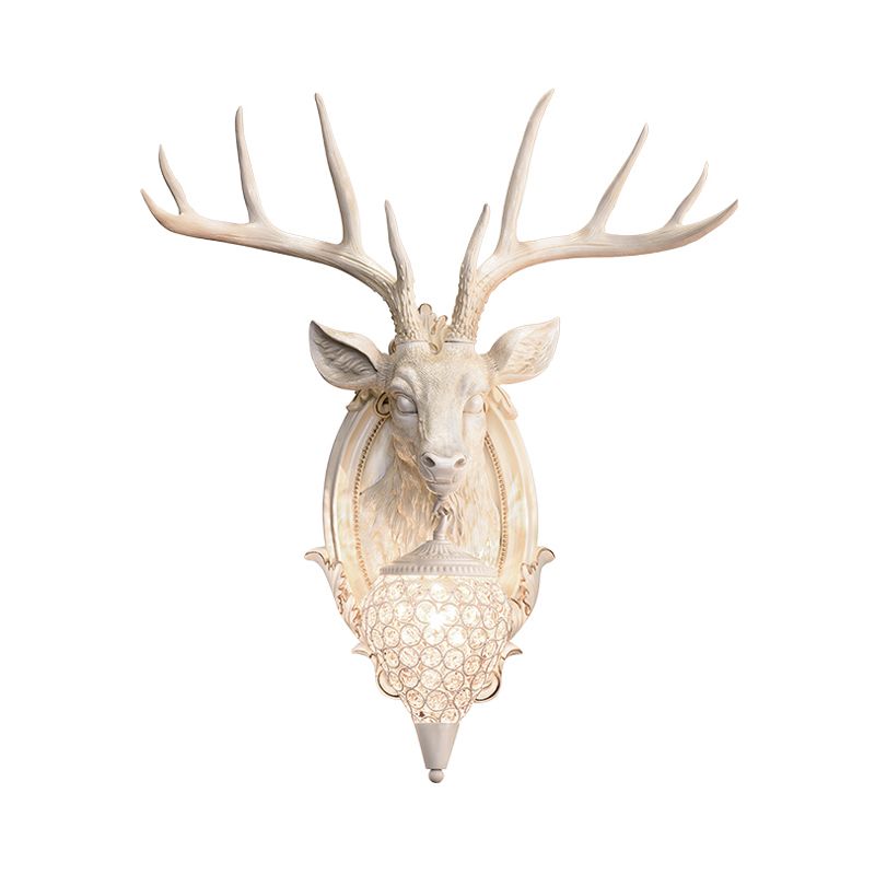 White/Beige/Yellow Deer Wall Lighting Rustic Resin 1 Light Living Room Sconce Lamp with Droplet Crystal Shade