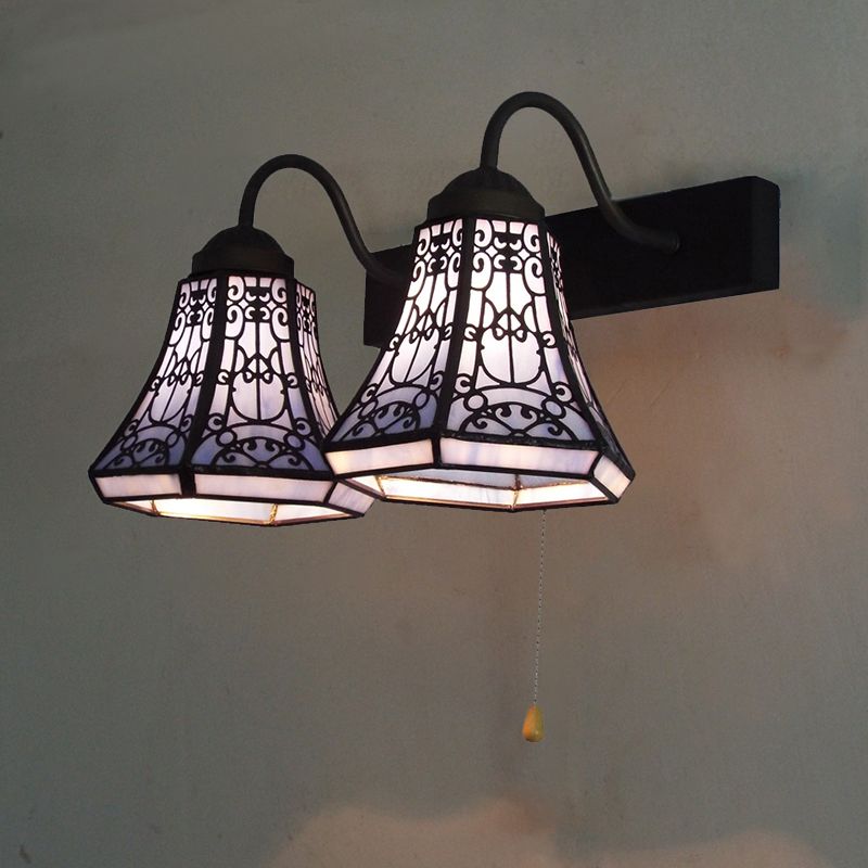 Blue Flared Wall Light Fixture Tiffany 2 Heads Stained Glass Sconce Lighting with Pull Chain Switch