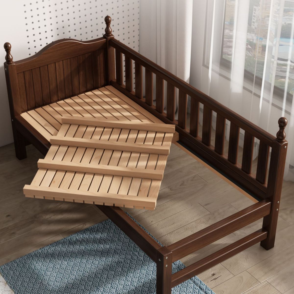 Traditional Washed Natural Nursery Bed Solid Wood with Guardrail