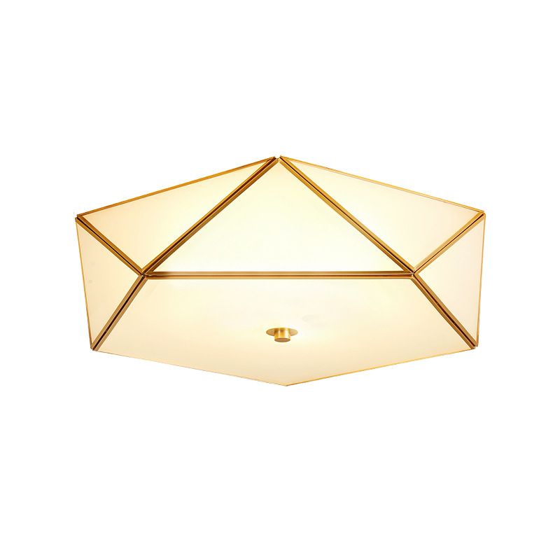 Beveled Box Hotel Flush Mount Frosted White Glass Single Post-Modern Ceiling Light in Gold, 14"/18" Width