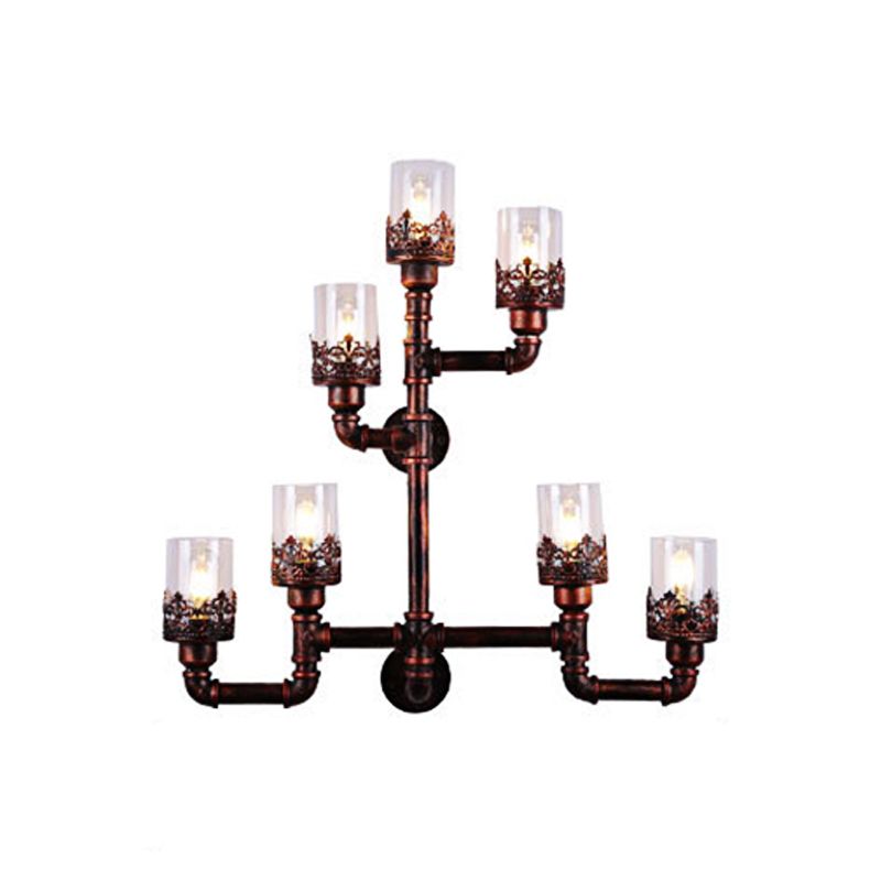 7-Bulb Wall Light with Water Pipe Shade Clear Glass Vintage Dining Room Sconce Lighting Fixture in Copper
